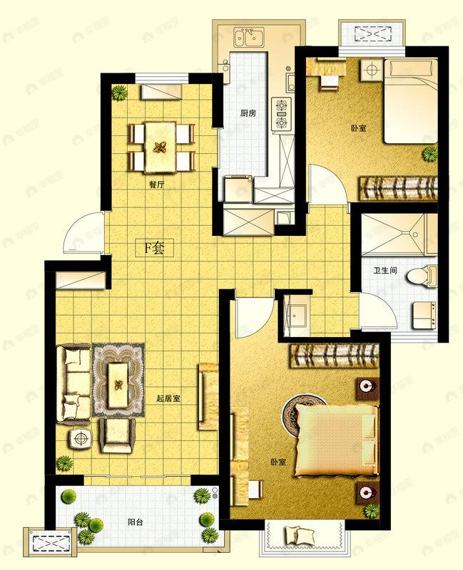 2室2厅1卫建面90平undefined户型图