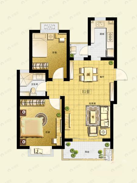 2室2厅1卫建面100平undefined户型图