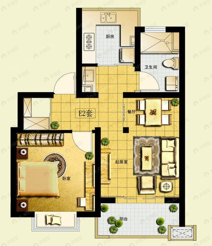 1室2厅1卫建面58平undefined户型图