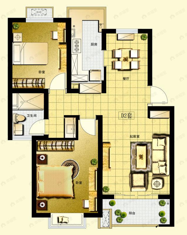 2室2厅1卫建面92平undefined户型图