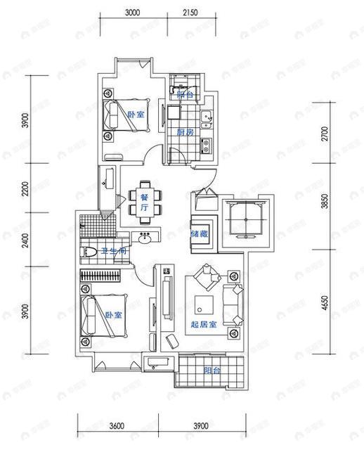 2室2厅1卫建面100平undefined户型图
