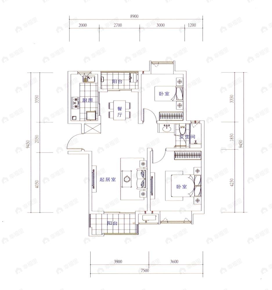 2室2厅1卫建面88平undefined户型图