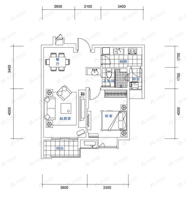 1室2厅1卫建面100平undefined户型图