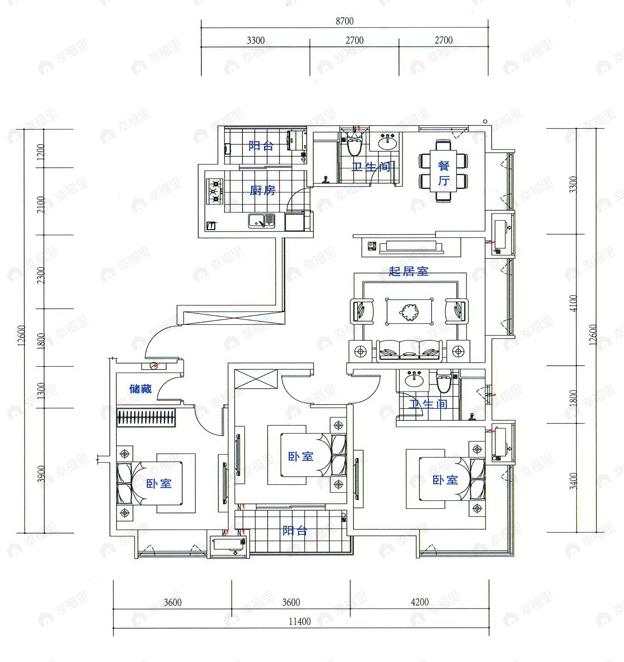 3室2厅2卫建面100平undefined户型图