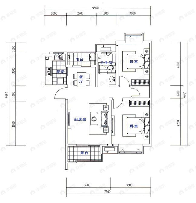 2室2厅1卫建面100平undefined户型图