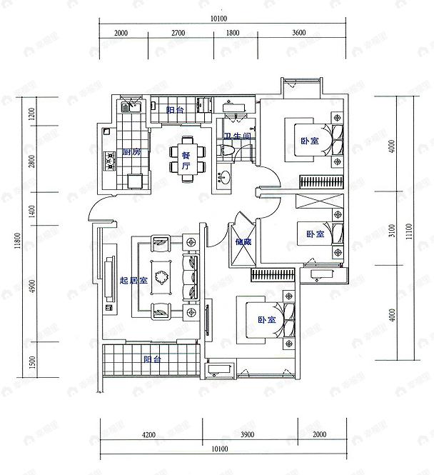 3室2厅1卫建面100平undefined户型图