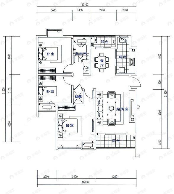 3室2厅1卫建面100平undefined户型图