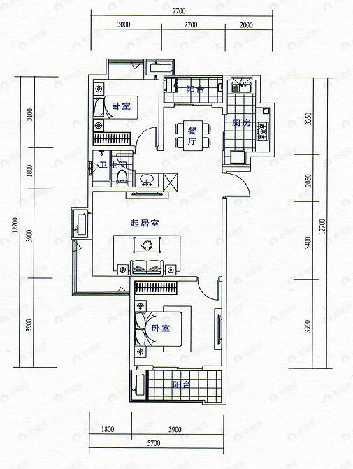2室2厅2卫建面100平undefined户型图