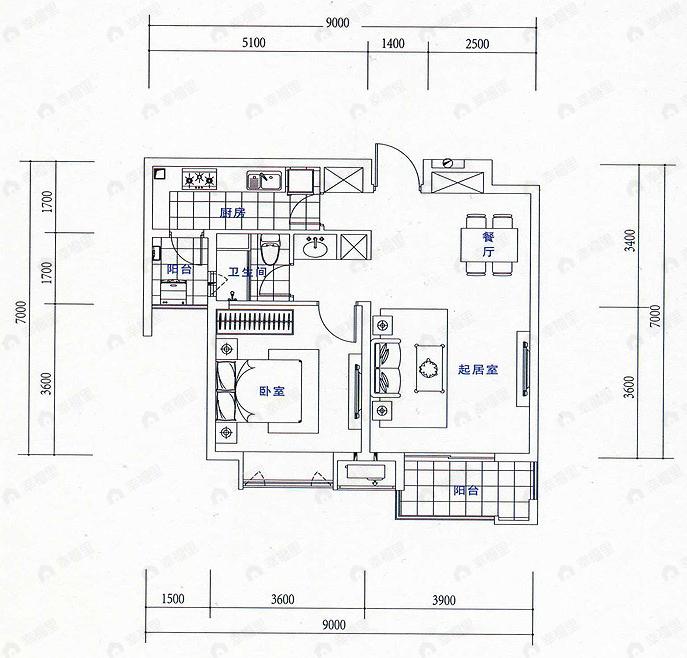 1室2厅1卫建面100平undefined户型图