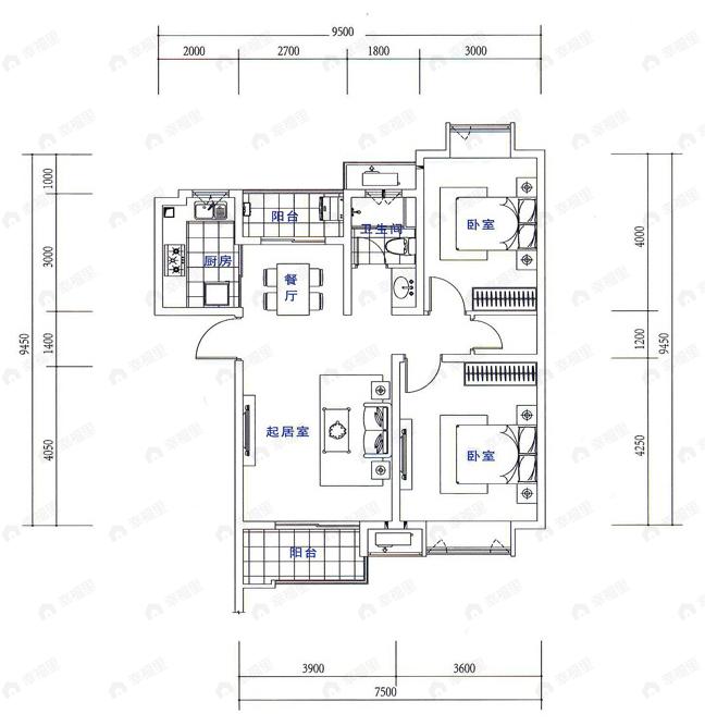2室2厅1卫建面100平undefined户型图