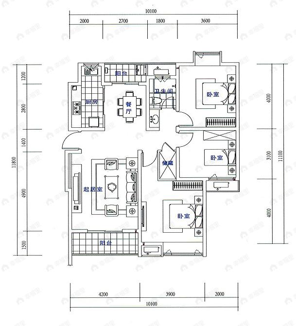 3室2厅1卫建面100平undefined户型图
