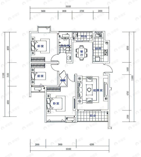 3室2厅1卫建面100平undefined户型图