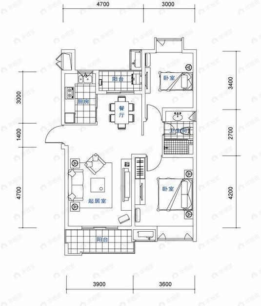 2室2厅1卫建面100平undefined户型图
