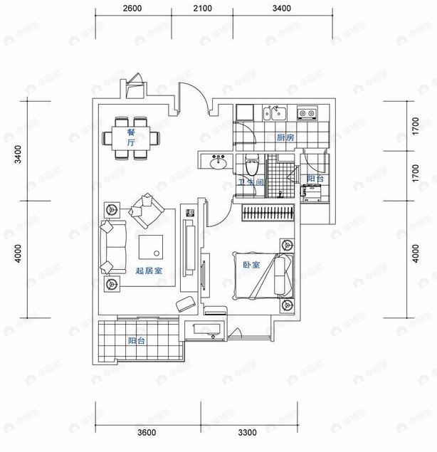 1室2厅1卫建面100平undefined户型图