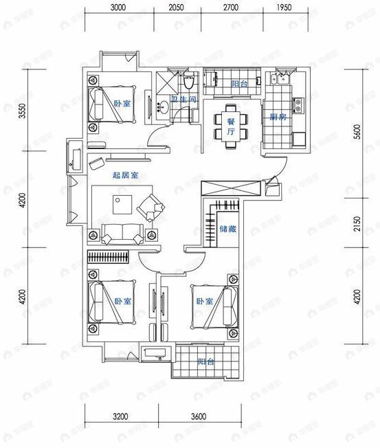 3室2厅1卫建面100平undefined户型图
