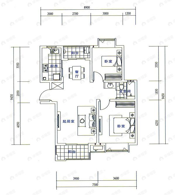 2室2厅1卫建面100平undefined户型图