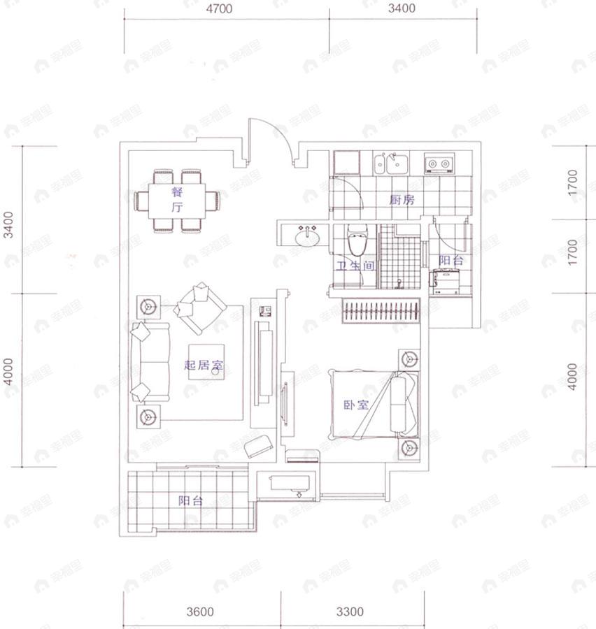 1室2厅1卫建面67平undefined户型图