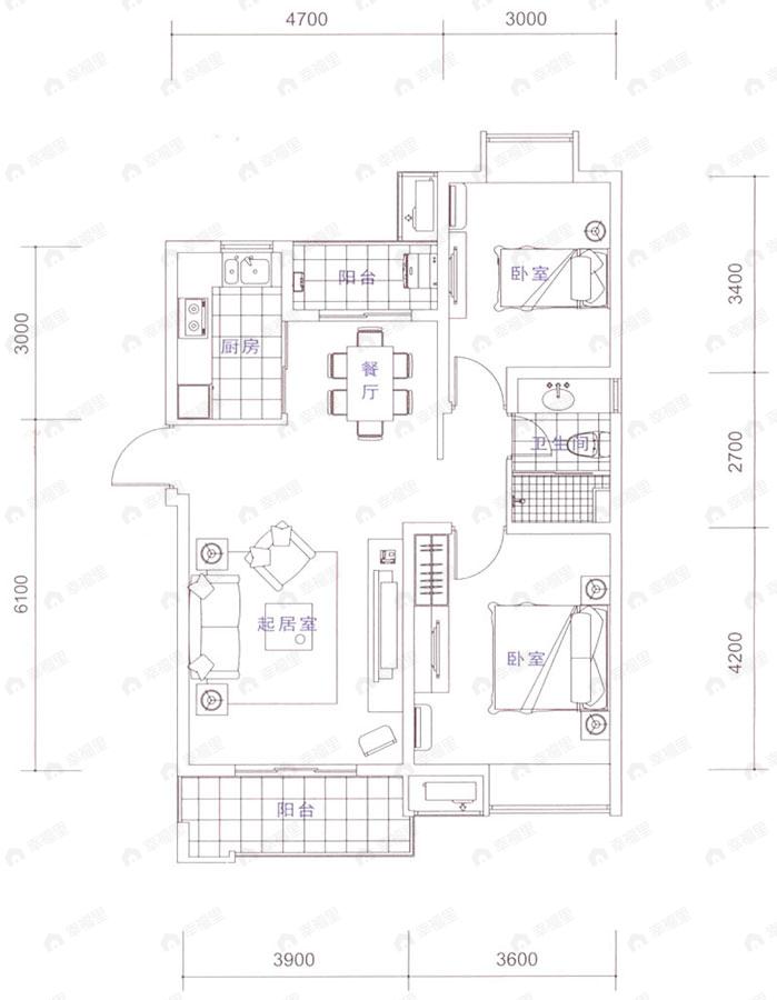 2室2厅1卫建面89平undefined户型图