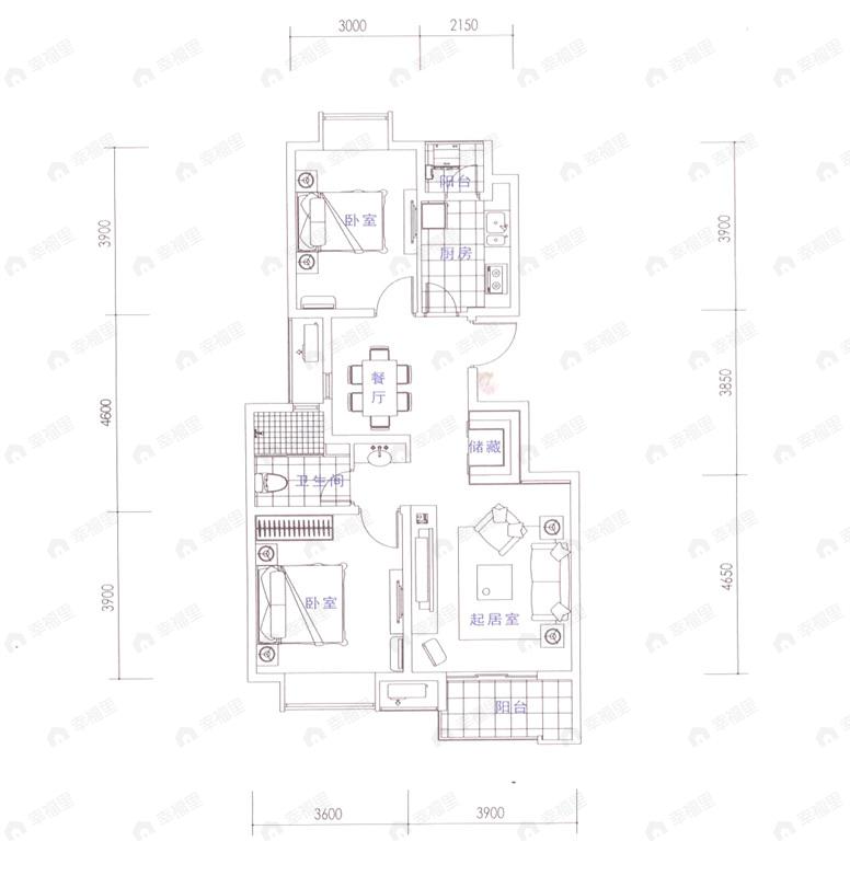 2室2厅1卫建面88平undefined户型图