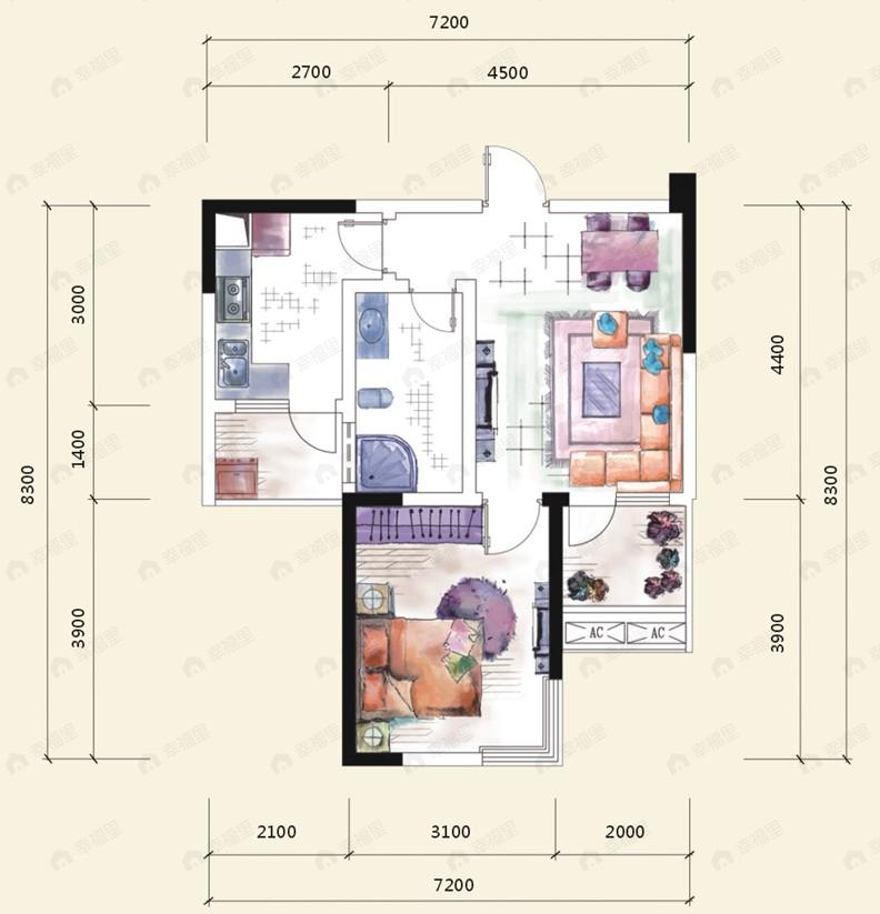1室2厅1卫建面53平户型图
