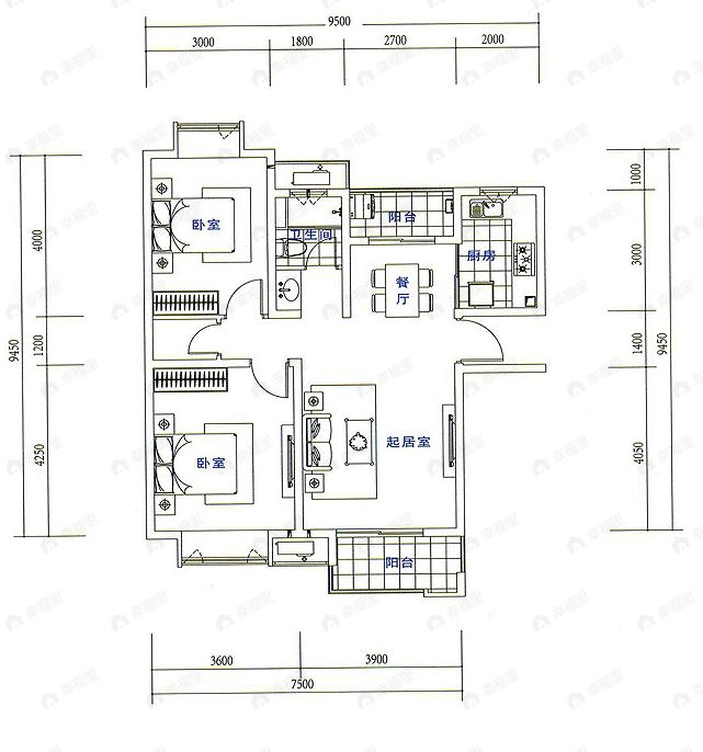 2室2厅1卫建面100平undefined户型图