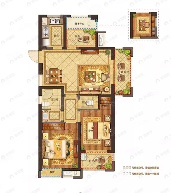 3室2厅2卫建面95平户型图