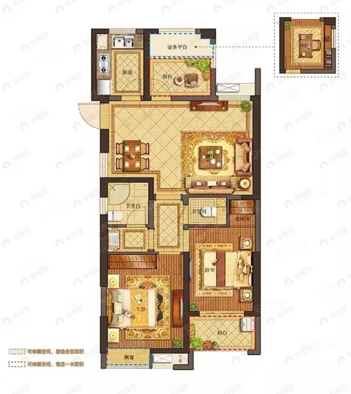 3室2厅2卫建面89平户型图