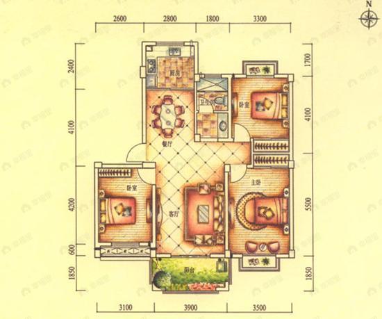 3室2厅1卫建面90平undefined户型图
