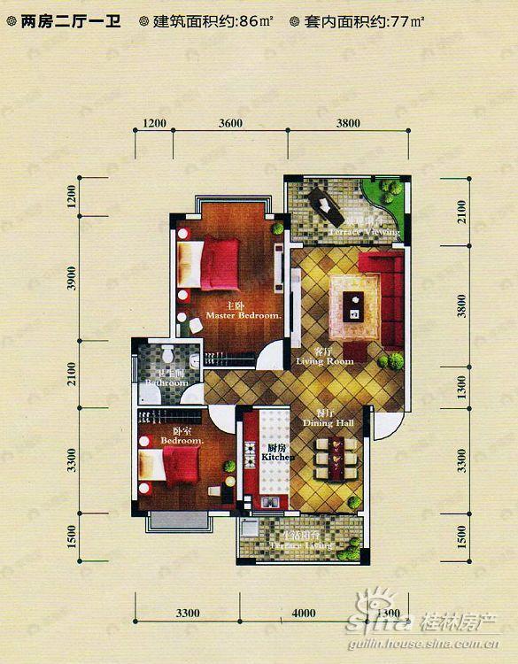 2室2厅2卫建面86平户型图