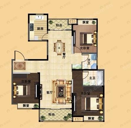 3室2厅2卫建面100平户型图