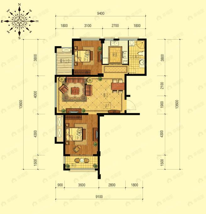 2室2厅1卫建面89平户型图
