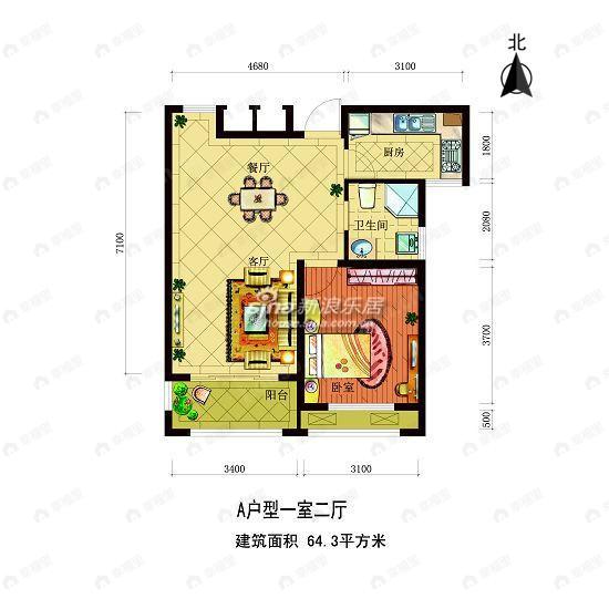 华源山水国际1室2厅1卫户型图