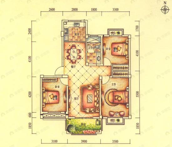3室2厅1卫建面91平undefined户型图