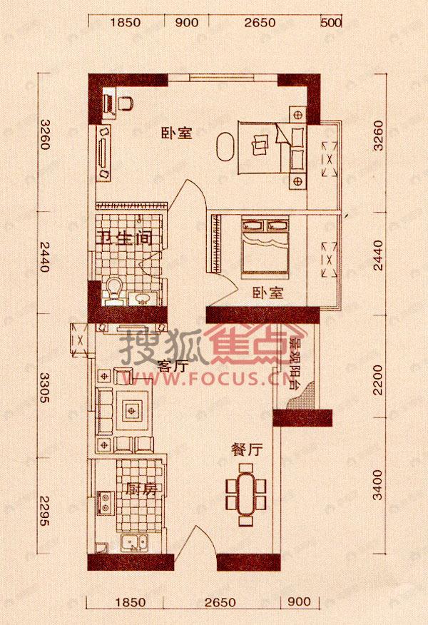 2室2厅建面66平户型图