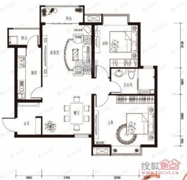 2室2厅建面102平户型图