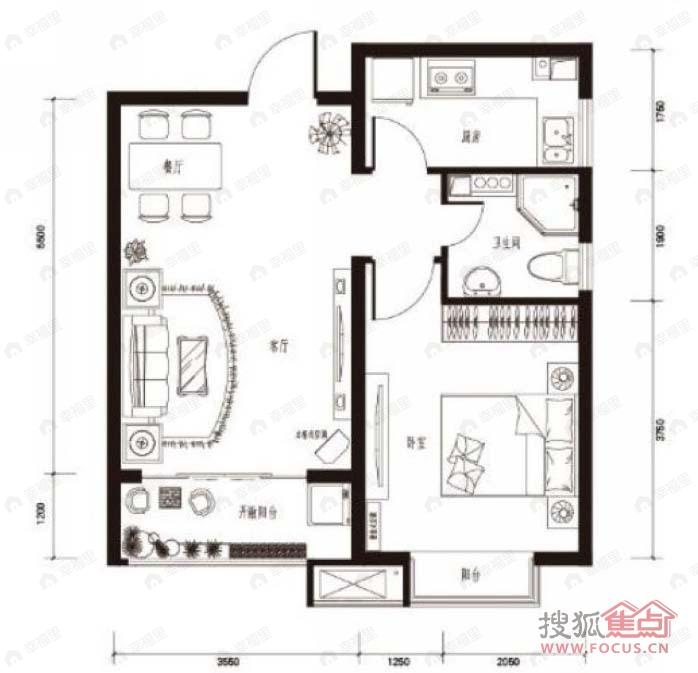 1室1厅建面58平户型图
