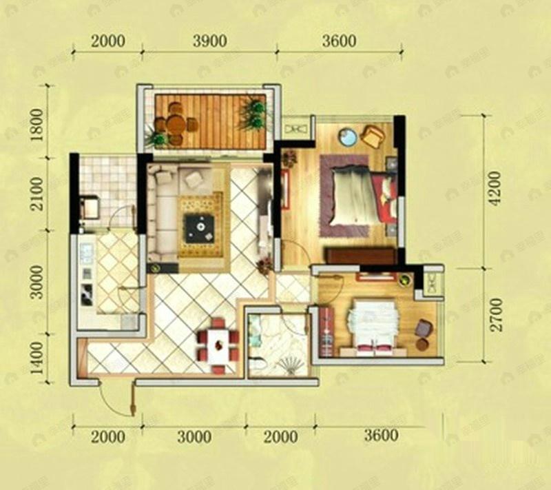 2室2厅1卫建面65平户型图