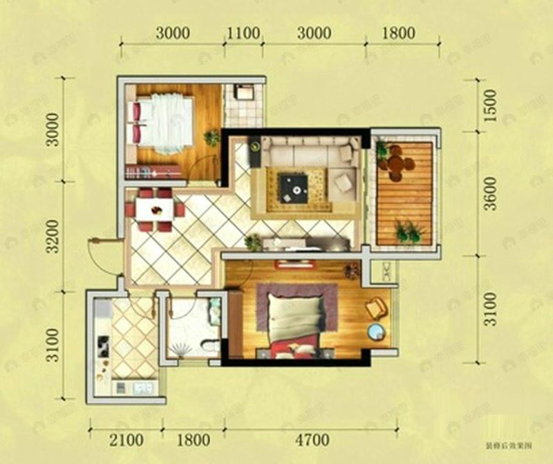 2室2厅1卫建面61平户型图