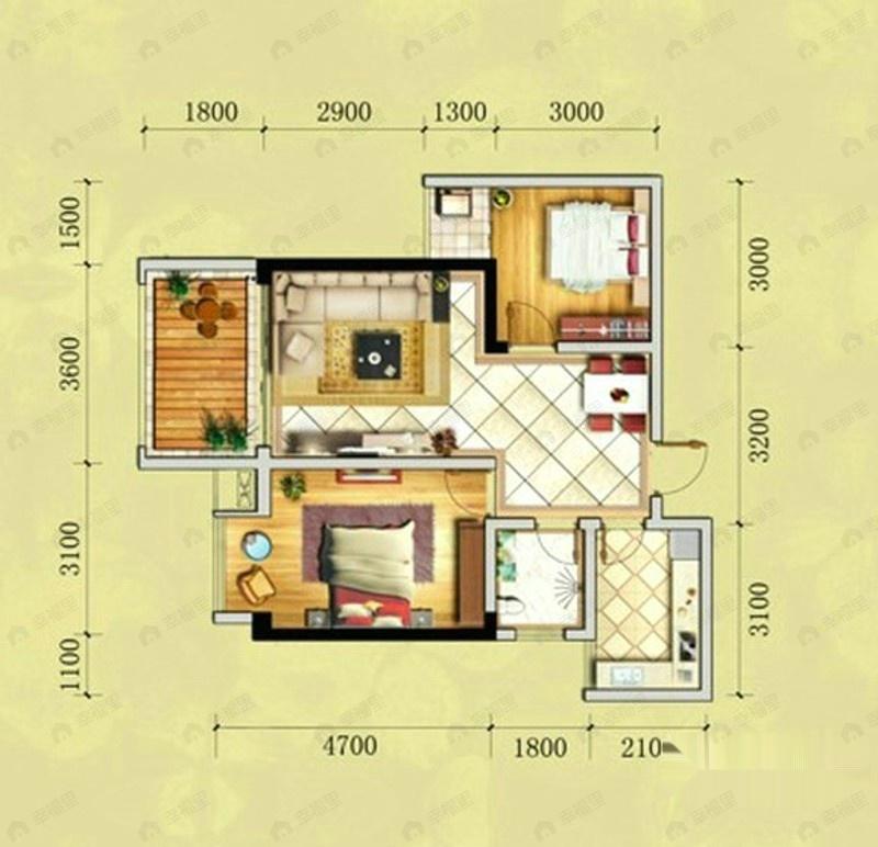 2室2厅1卫建面61平户型图