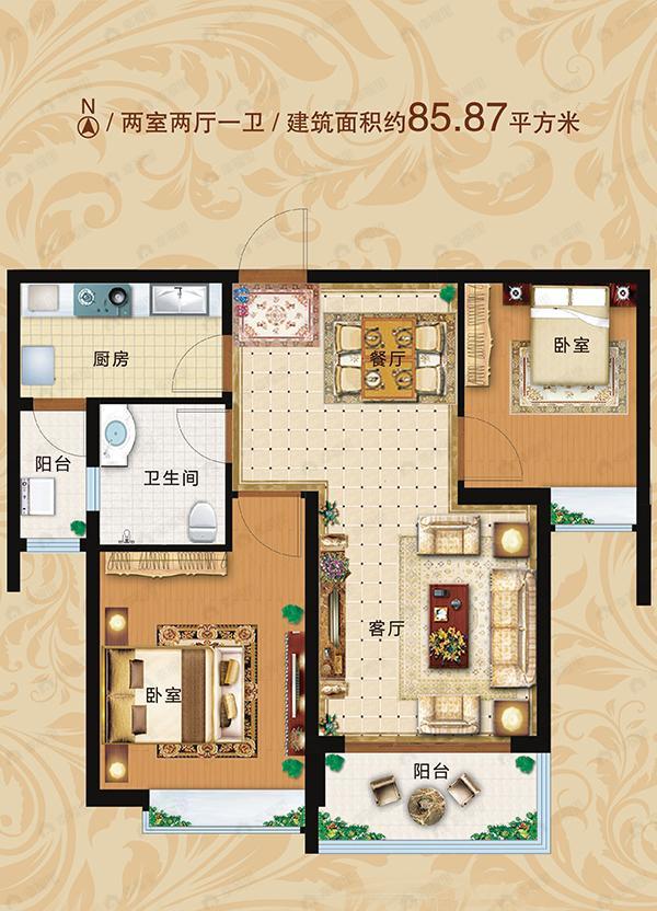 2室2厅1卫建面85平户型图
