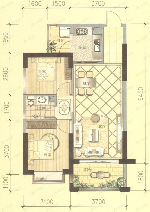2室2厅建面77平户型图