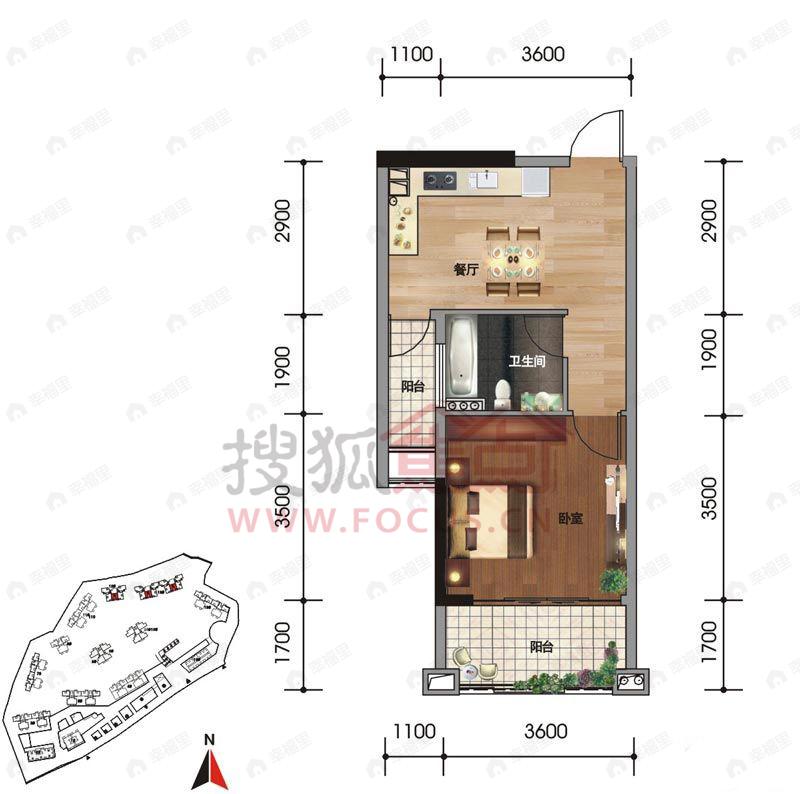 1室1厅建面44平户型图