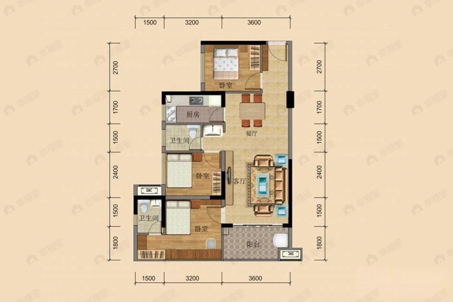 3室2厅1卫建面76平户型图
