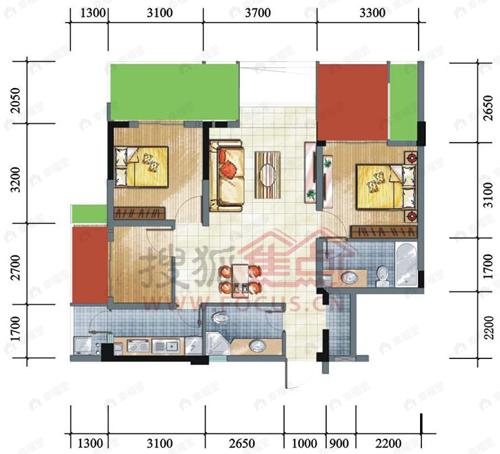 3室2厅建面88平户型图