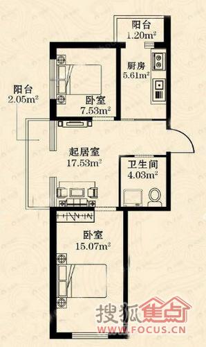 2室1厅建面77平户型图