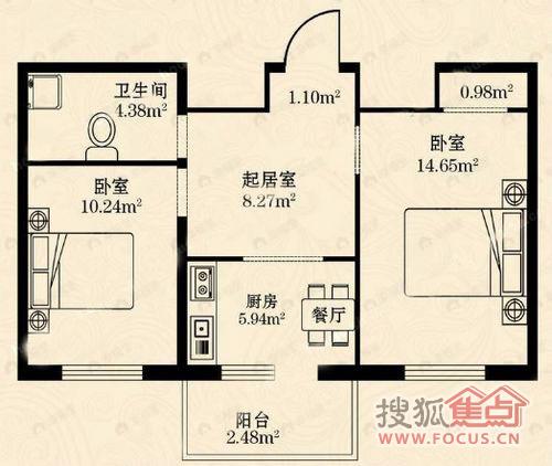 2室1厅建面70平户型图