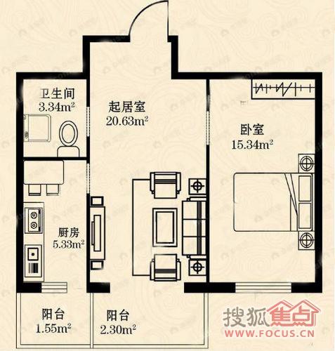 1室1厅建面72平户型图