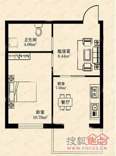 1室1厅建面51平户型图