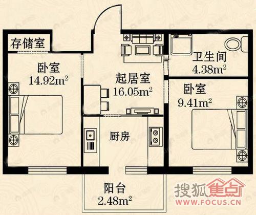 2室1厅建面70平户型图