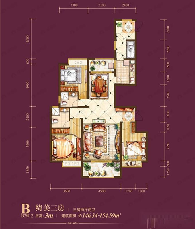 天湖国际3室2厅1卫户型图